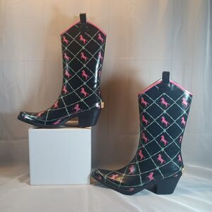 Bit & Bridle Western Rubber Rain Boots Black Pink Horse Diamond Cowgirl Womens 9